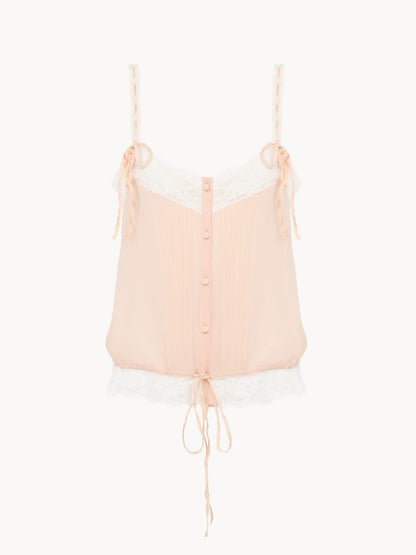 Drawstring camisole top in silk georgette & lace