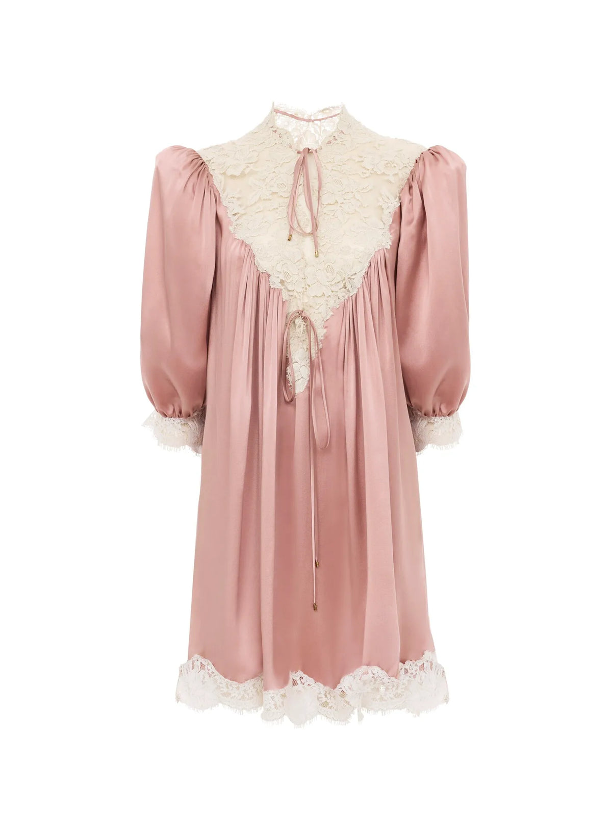 Gathered V-neck mini dress in washed silk satin & lace