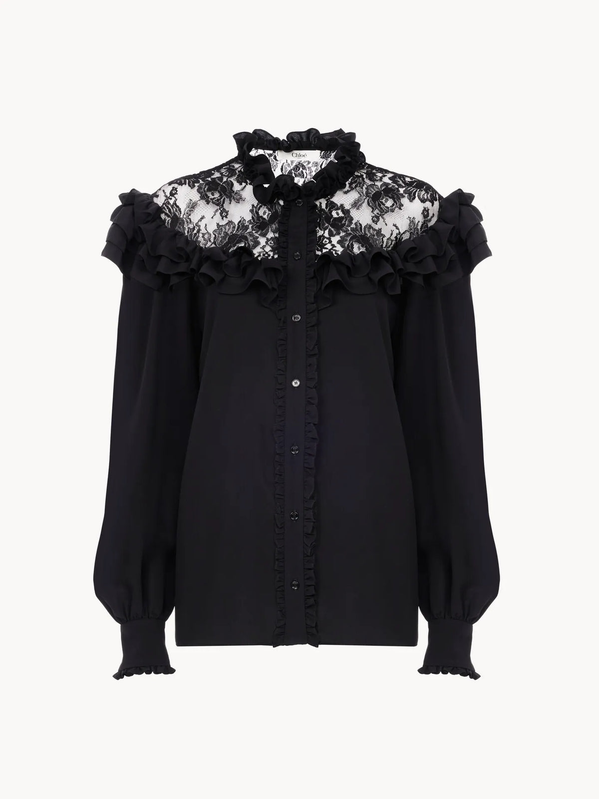 High-neck ruffled blouse in crêpe de chine & lace
