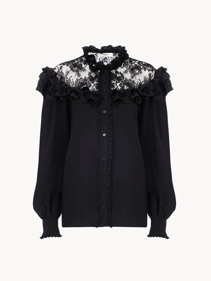 High-neck ruffled blouse in crêpe de chine & lace