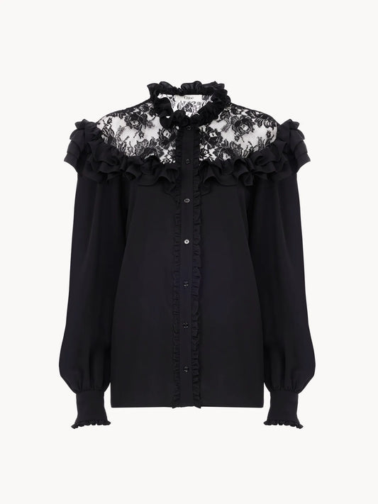High-neck ruffled blouse in crêpe de chine & lace
