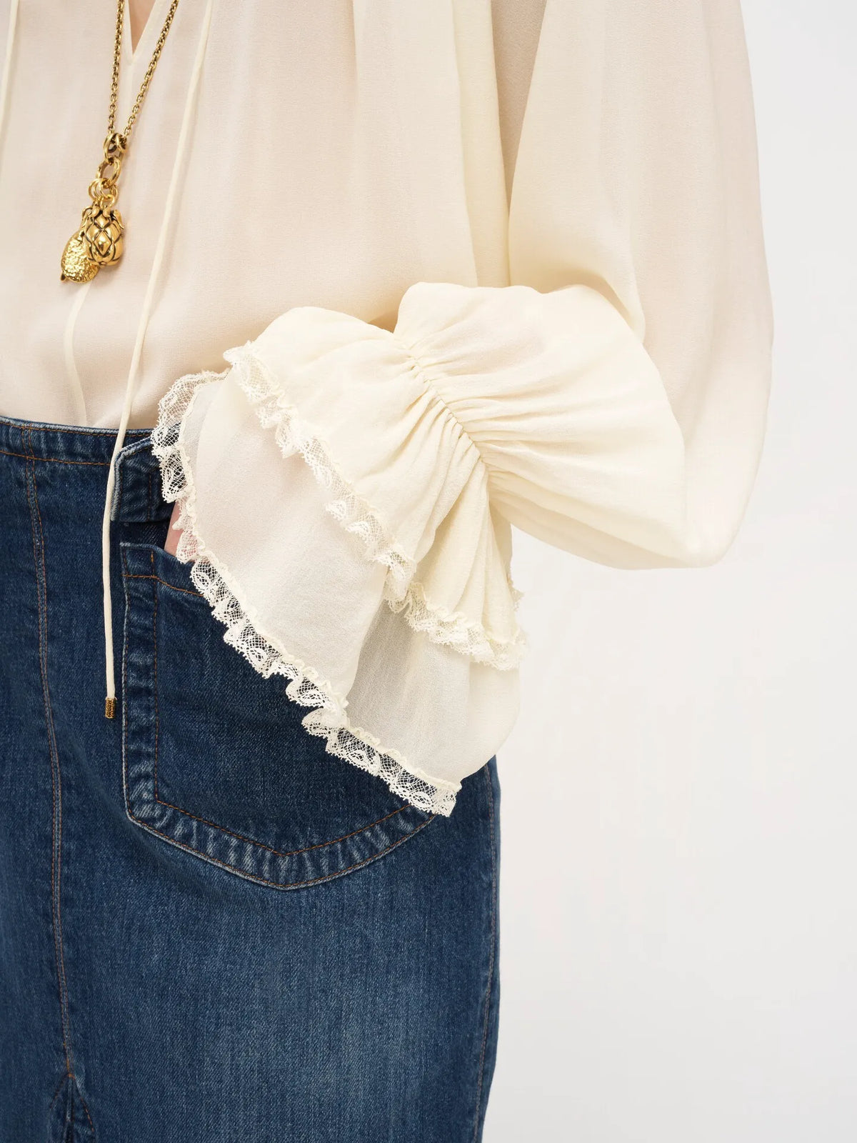 Gathered V-neck top in silk georgette
